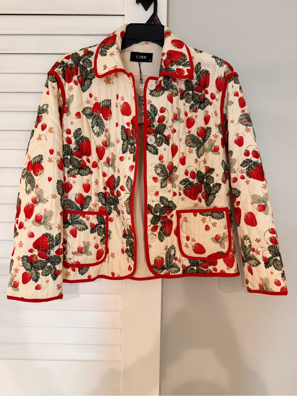 Cider Cream Quilted Strawberry-Print Jacket with Red Trim